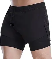[VhoMes] Men’s 2 in 1 Running Shorts, Quick Dry Workout Gym Shorts with Pockets, Training Athletic Shorts with Liner
