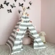 Large Canvas Cotton Grey and White Stripes Teepee Indoor Tipi Kids Play Tent Tee