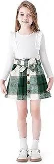 [PATPAT] Girls Plaid Skirt Set Ruffled Ribbed Long-Sleeve Top and Checkered Pleated Skirt Toddler Baby Girl Autumn Spring Outfit Green 3 Years