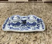 Vintage Am China Blue & White Condiment Jars & Tray. Beautiful Set Celaine Ink