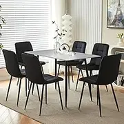 Modern Black Marble Dining Table Set with Velvet Chairs High Gloss Rectangular Kitchen Table for Home Office Living Room 6 Piece Set