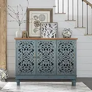 Sophia & William Sideboard Buffet Credenza Cabinet, 3-Door Hollow-Carved Accent Cabinet, Distressed Sideboard Storage Cabinet with Wood Veneer for Kitchen, Living Room, Dining Room, Entryway, Blue