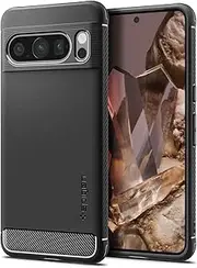 [Spigen] Rugged Armor for Google Pixel 8 Pro Case, Air Cushion TPU Bumper Extra Corner Protection Technology Matte Finish Carbon Fibre Design Raised Edge Non-Slip Grip Cover - Black