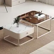 EKDJSN Nesting Table Set of 2, Coffee Tables with Drawer Storage 2 in 1, Square Stacking Side Tables End Tables, for Living Room Bedroom Living Room, Office(White)