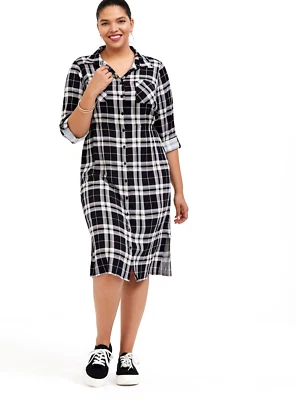 Torrid Black & Lime Green Plaid Challis Button Front Midi Shirt Dress 0 12 Large