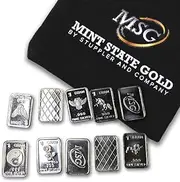 TEN One Gram .999 pure Silver Bars with random designs in a jewelry pouch