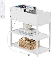 CASADISO Bedside Table with Power Board : (AU Standards) 3-Tier Narrow Side Table with Built-in Powerboard USB A/Type C Ports, Coffee Table with Drawer Organiser Storage Shelf for Living Room, Bedroom