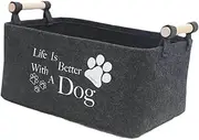 Pet Bins Basket, Pet Supplies Organizer Storage Basket with Wooden Handles, Pet Container Dog Treats Organiser Boxes, Pet Accessories, Large Capacity 38*26*18cm, Black