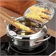 Deep Fryer Pot, 304 Stainless Steel Japanese Frying Pot with Oil Drain, Temperature Control and Lid, Deep-Fry Delicious Food Easily，Deep Fryer Pot for Kitchen