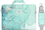 MOSISO Laptop Shoulder Bag Compatible with MacBook Pro 14 inch 2021 M1 / Max A2442, Compatible with MacBook Air/Pro, 13-13.3 inch Notebook, Watercolor Marble Sleeve with Trolley Belt, Green