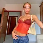 Vintage Lace Y2k Women Sexy See-Through V Neck Aesthetic Crop Tank Top Soft Mesh