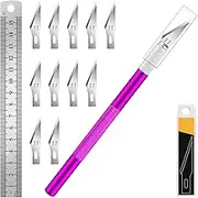 DIYSELF 1 Pcs Craft Hobby Knife Exacto Knife with 11 Pcs Stainless Steel Blade Kit, 1pcs Steel 15CM Ruler for Art, Scrapbooking, Stencil (Purple)