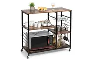 Costway Retro Microwave Oven Shelf Rack Kitchen Island Trolley Cart Buffet w/Wire Basket&Hooks