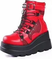 [Gothniero] Platform Goth Ankle Boots for Womem Black Holographic Combat Chunky Heel Boots with Side Zip Lace Up Wedge Booties US5.5-11