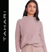 TAHARI 100% 2PLY Boiled Lofty Cashmere Mock Neck Sweater Light Heather Mauve S