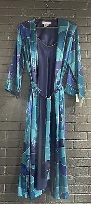 OSCAR DE LA RENTA Vintage Blue Geometric Maxi Lingerie Slip Dress Robe Set