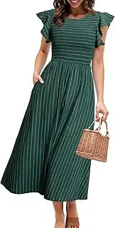 [Simplee Apparel] Simplee Womens Striped Midi Summer Dress Smocked Flutter Short Sleeve Dress 2025 Flowy Casual Dress with Pockets