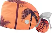 [WOSHJIUK] Working Hat 2 Pack Scrub Caps for Women,Tropical Sunset Palm Tree,Tie Back Cap Adjustable Scrub Hat