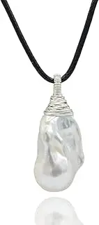 [Fivean] Women's Pendant White Large Baroque Pearl Sterling Silver Pendant Drop Shape Pearl Pendant Women's Black Rope Necklace, Pearl, Pearl