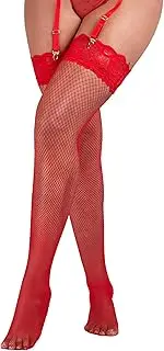 [sunshinelady] Fishnet Stockings Lace Hold Up Stockings for Women Silk Thigh High Fishnets Anti-skid Silicone Sexy Plus Size Stocking Elastic Black White Red Nude XS-5XL