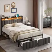 HOMFURN Queen Bed Frame with 2 Storage Drawers and LED Lights Headboard, Upholstered Bed Frame Queen Size with Charging Station, No Box Spring Needed, Easy Assembly - Grey