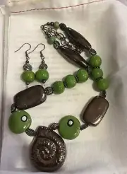 Beautiful New Hand Made Ceramic Beads Green Fossil Necklace & Earring Set
