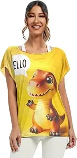 [RPLIFE] Cute Dino Saying “Hello” Yellow Ladies Tops Loose Thin Shirts Women, S-XXL Flowy t Shirts Women