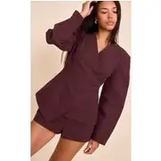 Deep Chocolate Premium Linen Tailored Cocoon Sleeve Cinched Blazer, Deep Chocolate