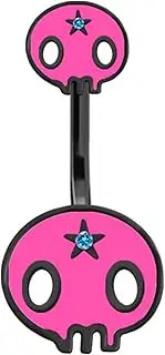 [KUNASSHIR] 14G Pink Skull Belly Ring: Cute Belly Barbells, Navel Rings, Stainless Steel, Cubic Zirconia