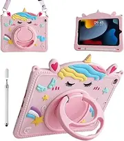 3D Unicorn Tablet Case for Samsung Galaxy Tab A8 10.5 Inch 2022 SM-X200/X205/X207 with Rotating Handle Kickstand Shoulder Strap Pencil Holder Soft Silicone Cute A8 Cover for Women Girls Kids