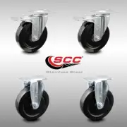 5 Inch SS Hard Rubber Wheel Swivel Top Plate Caster Set 2 Lock Brake 2 Rigid SCC