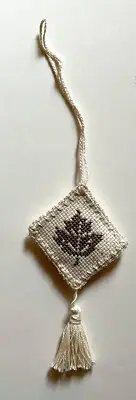 finished completed cross stitch scissors fob Leaf` crochet border tassel