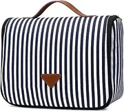 Nayubo Travel Toiletry Bag for Women Stripe Carrying Cosmetic Storage Case with Hanging Hook Cute Portable Daily Handbag Fashion Makeup Organizer Bag Accessories (Blue)