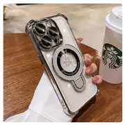 Luxury Transparent Plating Magsafe Case with Bracket & Airbag Protection for iPhone 11-15 Pro Max Silver