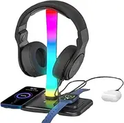 RGB Headset Stand with 15w Wireless Charger, 4 in 1 Gaming Headphone Desk Holder with 7 Light Modes and Non-Slip Rubber Base for iPhone 16/15/14/13/12/11/X AirPods Max/Pro/4/3/2 iWatch