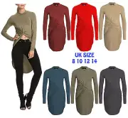 Womens High Low Twist Crop Top Ladies Roll Turtle Neck Longer Back Knotted Tops