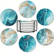 Coasters for Drinks, Marble Style Absorbent Coaster Set with Metal Holder Stand, Cup Coasters with Cork Base, Drink Coasters for Kinds of Cups, Home Decor, Coasters Set of 6 (Blue)