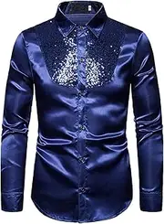 [HanzhuoLG] Men's Shirt Sequins Show Nightclub Menswear Host Master of Ceremonies Cross Border Men's Rollneck Long Sleeve Shirt S09 Navy Blue Small