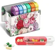 FINPAC Weekly Pill Organizers 4 Times A Day, Slide Open PU Leather Case Travel Pill Vitamin Medicine Reminder and Planner with Name Card for Morning| Afternoon| Evening| Bedtime (Flower Festival)