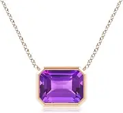 [Angara] Natural East-West Bezel-Set Emerald-Cut Amethyst Pendant Necklace in 14ct Solid Gold for Women | February Birthstone Jewellery for Her