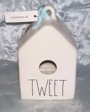 RAE DUNN- TWEET BIRDHOUSE White / Light Blue Ribbon - Elongated Font -NIB