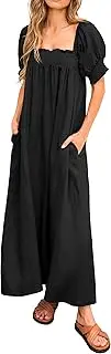 [KIRUNDO] Women 2024 Summer Maxi Dress Casual Loose Puff Sleeve Square Neck Maternity Flowy Long Beach Dresses with Pockets