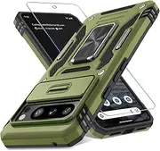 [DEERLAMN] Case for Google Pixel 8 Pro with Slide Camera Cover+Screen Protector (1 Pack), Rotated Ring Kickstand Military Grade Shockproof Heavy Duty Protective Cover -Olive Green