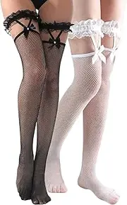 [SHEKINI] 2 Pairs Lace Top Fishnet Stockings Bow Suspenders Hold Up Stockings Mesh Thigh High Stockings for Women, 1*Black+1*White, One Size