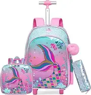 [ZBAOGTW] Rolling Backpack for Kids Rolling Backpack for Girls Rolling Backpack for School Backpack with Wheels for Kids 8-12, Pink Blue Mermaid