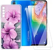 ESACMOT Pink Flowers Pattern Case Compatible with TCL 20 5G T781H T781K + [2 Pack] Screen Protector Tempered Glass, Shockproof Case Cover for TCL 20 5G T781H T781K (6.67 inch)