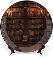 Bone China Decorative Plate Ceramic Dinner Plates Book Room Library Ceramic Decorative Plate with Display Stand Art Crafts Ceramic Ornaments for Wall Hanging Decor 8inch