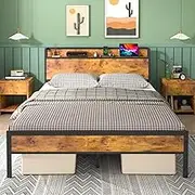 Ufurniture Double Bed Frame, Industrial Metal Bed Base with Storage Headboard,Mattress Platform with Charging Station and USB Ports Bedroom Furniture
