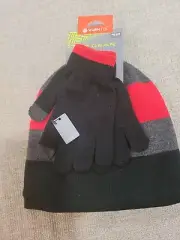 NEW TEK GEAR BOYS RED & BLACK WARM TEK KNIT BEANIE AND GLOVE SET