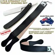 STRAIGHT CUT THROAT WET SHAVING RAZOR+SHARPENING LEATHER STROP/BELT BARBER SALON